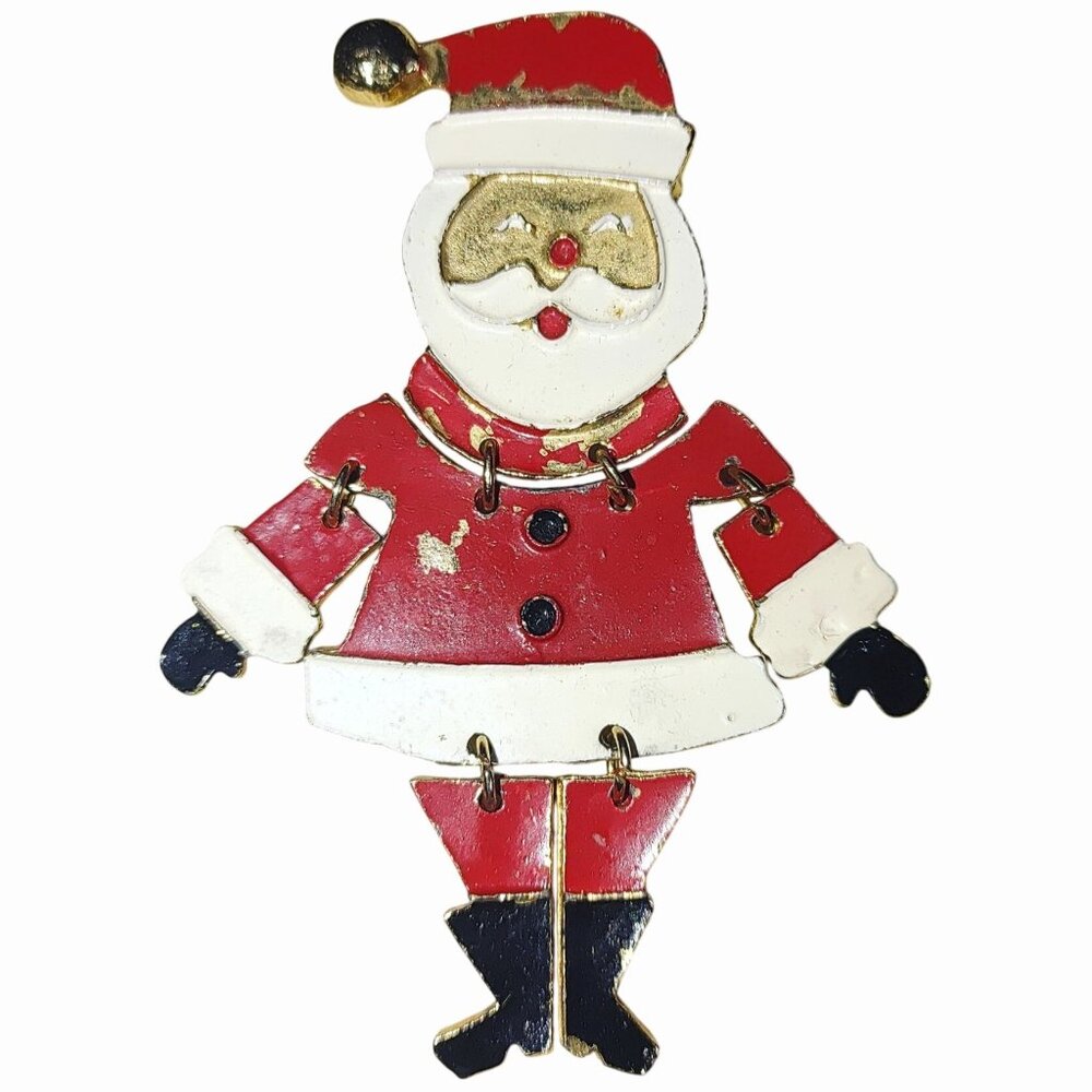 1950 Articulated Santa Claus Enamel Pin Brooch Vintage Gold Tone Metal Christmas